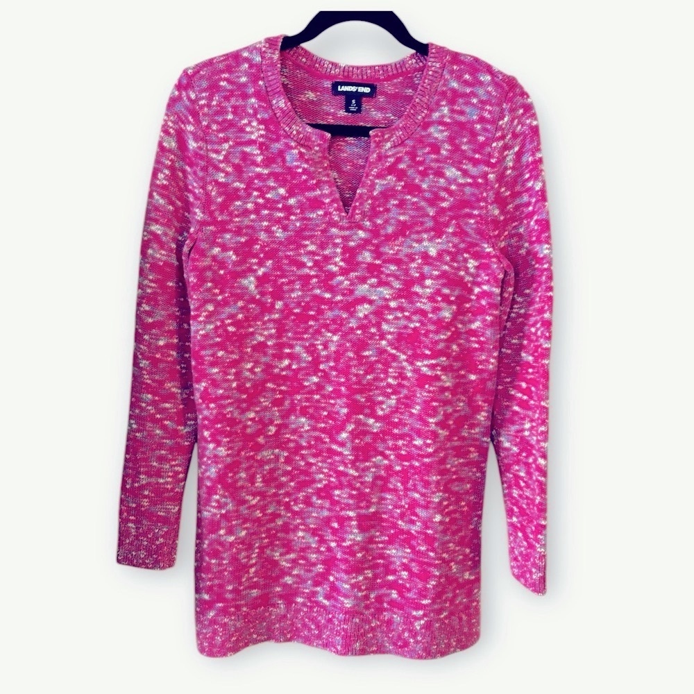 Lands’ End Fuchsia Pink Multicolor Cotton Tunic Knit Sweater Vneck Women Size S
